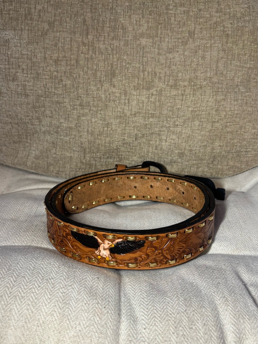 Hand-Tooled Leather Western Belt with Eagle Accent - Brown